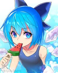 Rule 34 | 1girl, blue bow, blue eyes, blue hair, blue one-piece swimsuit, blush, bow, cirno, collarbone, detached wings, fairy, food, hair between eyes, hair bow, holding, holding food, ice, ice wings, looking at viewer, one-piece swimsuit, popsicle, school swimsuit, shiroi karasu, short hair, solo, swimsuit, touhou, twitter username, upper body, wings