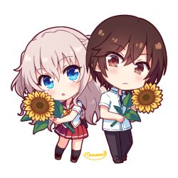 1boy 1girl blue_eyes bow brown_eyes brown_hair charlotte_(anime) chibi flower grey_hair hair_between_eyes hoshinoumi_academy_school_uniform kousetsu long_hair open_mouth otosaka_yuu sailor_collar school_uniform serafuku shirt short_hair skirt sunflower tomori_nao two_side_up