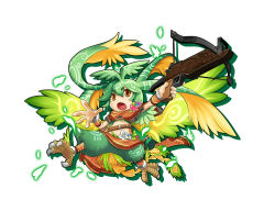 Rule 34 | 1girl, bird tail, bow (weapon), brown eyes, claws, crossbow, gradient wings, green hair, highres, holding, multicolored wings, navel, open mouth, petals, puzzle &amp; dragons, simple background, solo, sylph (p&amp;d), tail, tomotsuka haruomi, weapon, white background, wings