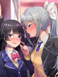Rule 34 | 2girls, ababarion, black hair, black jacket, blazer, blush, bow, bowtie, braid, brown cardigan, cardigan, collared shirt, commentary request, french braid, full-face blush, hair between eyes, hair ornament, height difference, high ponytail, highres, higuchi kaede, higuchi kaede (1st costume), indoors, jacket, kabedon, lips, long hair, looking at another, looking to the side, mole, mole under eye, multiple girls, nijisanji, open clothes, open jacket, open mouth, pink neckwear, plaid neckwear, ponytail, purple neckwear, shirt, silver hair, tsukino mito, tsukino mito (1st costume), upper body, virtual youtuber, wavy mouth, white bow, yuri