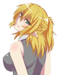 Rule 34 | 1girl, absurdres, black shirt, blonde hair, blush, breasts, closed mouth, commentary request, expressionless, green eyes, hair between eyes, half updo, highres, large breasts, looking at viewer, looking down, medium hair, mizuhashi parsee, pointy ears, scarf, shaft look, shirt, simple background, sleeveless, sleeveless shirt, solo, suirennka (scar of mind), touhou, upper body, white background, white scarf