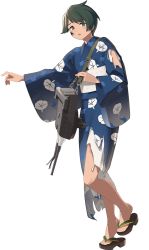 Rule 34 | 1girl, adapted turret, bad id, bad twitter id, black hair, blue kimono, cannon, commentary request, dirty, dirty face, floral print, geta, green eyes, japanese clothes, kantai collection, kimono, looking at viewer, mogami (kancolle), mogami kai ni (kancolle), morning glory print, official art, open mouth, sandals, shibafu (glock23), short hair, solo, swept bangs, third-party source, torn clothes, transparent background, turret, yukata, zouri