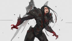 Rule 34 | 1girl, adapted costume, alternate costume, alternate hairstyle, armor, black hair, blood, blood from mouth, cowboy shot, dark persona, gaoerji, grey background, highres, leaning forward, long hair, looking at viewer, no pupils, open mouth, overwatch, overwatch 1, pharah (overwatch), power armor, short hair, simple background, sketch, solo, zombie