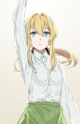 Rule 34 | 1017815656, 10s, 1girl, absurdres, arm up, blonde hair, blue eyes, buttons, dress, hair intakes, hair ribbon, highres, polo shirt, ponytail, ribbon, solo, violet evergarden, violet evergarden (series)