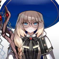Rule 34 | 1girl, black dress, blonde hair, blue eyes, bow, bowtie, braid, breasts, brooch, cloak, dress, fate/grand order, fate (series), glasses, gold trim, hat, highres, jewelry, long hair, long sleeves, looking at viewer, medium breasts, round eyewear, side ponytail, solo, staff, aesc (fate), two-tone dress, umeo (pixiv51103813), white cloak, white dress, white hat, witch hat