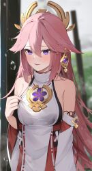 Rule 34 | 1girl, absurdres, animal ears, bare shoulders, belt, blurry, blurry background, blush, breasts, collarbone, commentary request, day, detached sleeves, earrings, fox ears, fox girl, gem, genshin impact, gold earrings, gold trim, grass, grey sky, hair between eyes, hair ornament, hand up, highres, japanese clothes, jewelry, kirishe1101, large breasts, long hair, long sleeves, looking at viewer, nontraditional miko, open mouth, outdoors, pink hair, purple eyes, purple gemstone, rain, red belt, red skirt, shirt, sidelocks, skirt, sky, smile, solo, sparkle, standing, water drop, wet, white shirt, yae miko