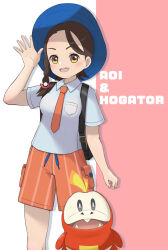Rule 34 | 1girl, :d, backpack, bag, black bag, blue headwear, blush, braid, breast pocket, brown eyes, brown hair, character name, chisamitsushi, collared shirt, commentary request, creatures (company), eyelashes, fuecoco, game freak, hand up, hat, juliana (pokemon), necktie, nintendo, open mouth, orange necktie, orange shorts, pocket, pokemon, pokemon (creature), pokemon sv, shirt, short sleeves, shorts, smile, teeth, two-tone background, upper teeth only