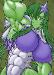 Rule 34 | 1girl, abs, animification, arm up, armpits, biceps, breasts, colored skin, cosplay, extreme muscles, flexing, green eyes, green hair, green skin, gundam, gundam seed, gundam seed destiny, hair ornament, hairclip, highleg, highleg leotard, huge breasts, impossible clothes, jennifer walters, large breasts, leotard, long hair, marvel, matching hair/eyes, meer campbell, meer campbell (cosplay), muscular, naughty face, ren (tainca2000), she-hulk, skin tight, smile, solo, star (symbol), star hair ornament, upper body