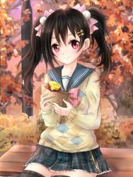 Rule 34 | 10s, 1girl, autumn, black hair, blush, food, highres, looking at viewer, love live!, love live! school idol festival, love live! school idol project, pink eyes, racket ti1, sitting, skirt, smile, solo, sweet potato, twintails, yazawa nico