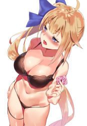 Rule 34 | 1girl, ahoge, black panties, blonde hair, blue eyes, blunt bangs, blush, breasts, cleavage, collarbone, commentary request, condom, condom wrapper, cowboy shot, embarrassed, fal (girls&#039; frontline), from above, girls&#039; frontline, groin, hair between eyes, hair ornament, hair ribbon, hand on own hip, large breasts, long hair, navel, open mouth, panties, pooor, ribbon, side ponytail, simple background, skindentation, solo, standing, thigh strap, underwear, underwear only, very long hair, white background
