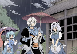 Rule 34 | 1boy, 2girls, ahoge, black eyes, blue eyes, blue hair, breasts, cabin, cloud, cloudy sky, commentary request, flower, glasses, grey eyes, hidefu kitayan, highres, holding, holding umbrella, izayoi sakuya, large breasts, looking at another, maid, maid headdress, morichika rinnosuke, multicolored eyes, multiple girls, night, night sky, outdoors, own hands together, pointing, rain, red eyes, short hair, sky, smile, sneaking, sunflower, tatara kogasa, touhou, tree, umbrella, white hair