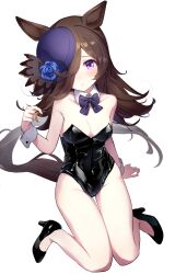 Rule 34 | 1girl, absurdres, alternate costume, animal ears, bare legs, bare shoulders, black footwear, black leotard, blue flower, blue rose, blush, bow, bowtie, breasts, brown hair, cleavage, detached collar, flower, hair over one eye, hat, highres, horse ears, horse girl, horse tail, leotard, long hair, looking at viewer, medium breasts, parted lips, playboy bunny, purple bow, purple bowtie, purple eyes, purple hat, rice shower (umamusume), rose, shoes, solo, tail, tilted headwear, umamusume, yamada auto