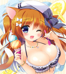 Rule 34 | 1girl, animal ears, blue eyes, blush, bow, bracelet, breasts, cat ears, cat tail, cleavage, food, hair bow, hat, ice cream, ice cream cone, jewelry, large breasts, long hair, one eye closed, open mouth, original, saji-wata, sasai saji, solo, spoon, striped, striped bow, tail