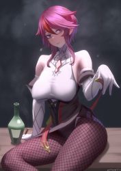 Rule 34 | 1girl, alcohol, bare shoulders, blush, bottle, breasts, cigar, echt, elbow gloves, fishnet pantyhose, fishnets, genshin impact, gloves, highres, large breasts, looking at viewer, pantyhose, purple eyes, purple hair, purple pantyhose, rosaria (genshin impact), smoking, solo, sweatdrop, white gloves