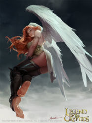 Rule 34 | 1girl, angel, angel wings, armlet, ass, barefoot, black legwear, brown eyes, copyright name, crowgod, dated, from below, full body, highres, legend of the cryptids, long hair, midair, parted lips, plantar flexion, red hair, signature, solo, toe scrunch, watermark, white wings, wings