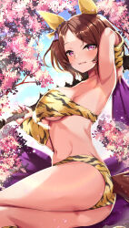 Rule 34 | 1girl, absurdres, animal ears, animal print, armpits, ass, bikini, breasts, brown hair, cherry blossoms, commission, ear covers, flower-shaped pupils, flower in eye, highres, holding club, horse ears, horse girl, horse tail, looking at viewer, medium breasts, parted bangs, presenting armpit, print bikini, purple eyes, ralf, sakura laurel (oni laurel) (umamusume), sakura laurel (umamusume), short hair, skeb commission, smile, solo, swimsuit, symbol-shaped pupils, symbol in eye, tail, thighs, tiger print, umamusume, umamusume: star blossom, underboob, yellow bikini