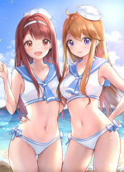 Rule 34 | 2girls, :d, ahoge, armpits, bare arms, bare shoulders, beach, bikini, blue sailor collar, blue sky, breasts, brown hair, check commentary, cloud, collarbone, commentary request, cowboy shot, cuna (qunya), day, hairband, hand on own hip, hand up, hat, idolmaster, idolmaster million live!, long hair, looking at viewer, medium breasts, multiple girls, navel, ocean, open mouth, parted lips, purple eyes, red eyes, red hair, sailor bikini, sailor collar, sailor hat, sailor swimsuit (idolmaster), side-by-side, side-tie bikini bottom, sidelocks, sky, smile, stomach, sunlight, swimsuit, tanaka kotoha, tokoro megumi, water, white bikini, white headwear