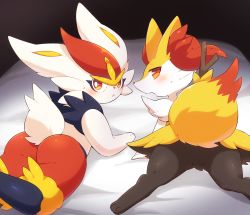 Rule 34 | 2girls, :&lt;, animal ear fluff, animal ears, animal feet, animal hands, animal nose, ass, bed sheet, black fur, blue fur, blush, body fur, braixen, bright pupils, cinderace, closed mouth, creatures (company), female focus, fox ears, fox girl, fox tail, from behind, furry, furry female, game freak, gen 6 pokemon, gen 8 pokemon, highres, looking at viewer, looking back, lying, multiple girls, neck fur, nervous, nintendo, no pussy, on stomach, open mouth, pokemon, pokemon (creature), rabbit ears, rabbit girl, rabbit tail, red eyes, red fur, red hair, short hair, snout, spread legs, subaru331, sweat, tail, white fur, white pupils, wide-eyed, yellow fur