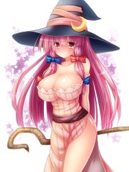 Rule 34 | 1girl, adapted costume, alternate color, alternate eye color, alternate hair color, arms behind back, bare shoulders, blush, breasts, cleavage, collarbone, cosplay, crescent, dragon&#039;s crown, dress, full-face blush, hair ribbon, hat, hat ribbon, highres, huge breasts, large breasts, long hair, long sleeves, looking at viewer, no bra, osashin (osada), patchouli knowledge, pink dress, pink eyes, pink hair, polearm, ribbon, side slit, solo, sorceress (dragon&#039;s crown), sorceress (dragon&#039;s crown) (cosplay), staff, star (symbol), strapless, strapless dress, striped clothes, striped dress, touhou, tress ribbon, very long hair, weapon, witch hat