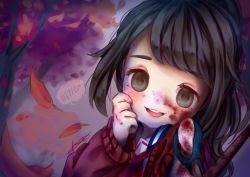 Rule 34 | 1girl, autumn, autumn leaves, ayano aishi, black eyes, black hair, blazer, blood, blood on face, blush, dated, dot nose, falling leaves, hand on own face, jacket, left-handed, looking at viewer, open mouth, school uniform, scissors, sdoodlio, serafuku, signature, solo, yandere simulator