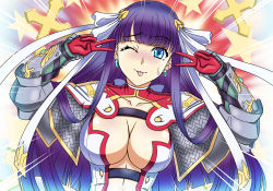 Rule 34 | 1girl, blue eyes, blunt bangs, blush, breasts, capelet, center opening, cleavage, closed mouth, collarbone, cross, double v, dress, earrings, emotional engine - full drive, fate/grand order, fate (series), gauntlets, gloves, hair ribbon, hands up, highres, jewelry, large breasts, long hair, looking at viewer, martha (fate), one eye closed, parody, purple hair, red gloves, ribbon, rofu get, smile, solo, star (symbol), straight hair, sweatdrop, tongue, tongue out, v, white capelet, white dress, white ribbon