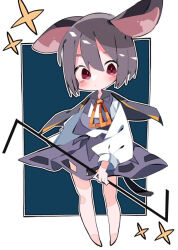 Rule 34 | 1girl, animal ears, barefoot, blush, cape, closed mouth, commentary request, dowsing rod, expressionless, flat chest, full body, grey cape, grey hair, grey skirt, grey vest, holding, long sleeves, looking at viewer, mouse ears, mouse girl, mouse tail, nacht musik, nazrin, neck ribbon, orange ribbon, red eyes, ribbon, shirt, short hair, skirt, skirt set, solo, sparkle, tail, touhou, vest, white shirt