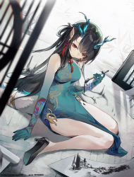 Rule 34 | 1girl, absurdres, arknights, backlighting, bare legs, black footwear, black hair, breasts, calligraphy brush, closed mouth, colored skin, dragon girl, dragon horns, dragon tail, dress, dusk (arknights), dusk (everything is a miracle) (arknights), earrings, from side, gradient skin, green dress, green hair, green skin, high heels, highres, holding, holding brush, horns, ink, jewelry, kitere, long hair, looking at viewer, looking to the side, medium breasts, multicolored hair, off-shoulder dress, off shoulder, official alternate costume, on floor, paintbrush, pelvic curtain, pointy ears, red eyes, red ribbon, ribbon, sitting, sleeveless, sleeveless dress, solo, streaked hair, tail, tassel, tassel earrings, two-tone hair, very long hair, wariza, wooden floor