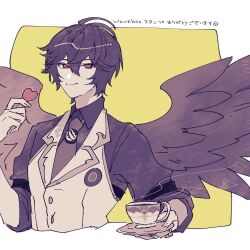 Rule 34 | 1boy, ahoge, bishounen, black shirt, brown hair, brown necktie, brown wings, coffee, coffee cup, cup, disposable cup, dress shirt, english text, feathered wings, granblue fantasy, heart, holding, holding plate, light smile, looking at viewer, male focus, messy hair, necktie, official alternate costume, onigiri bouya, plate, red eyes, sandalphon (granblue fantasy), shirt, short hair, sketch, sleeves rolled up, solo focus, steam, translation request, upper body, vest, white vest, wings, yellow background
