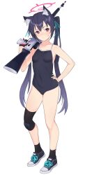 Rule 34 | 1girl, alternate costume, black socks, blue archive, gun, halo, highres, kuma (jk0073), looking at viewer, one-piece swimsuit, serika (blue archive), shoes, simple background, socks, solo, swimsuit, weapon, white background