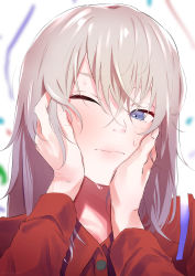 Rule 34 | 1girl, absurdres, blue eyes, blurry, blurry background, blush, commentary, girls und panzer, grey hair, hair between eyes, hands on another&#039;s face, highres, itsumi erika, looking at viewer, oze (xyz go go11), red shirt, shirt, solo focus, sweat, upper body, white background