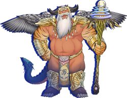 Rule 34 | 1boy, animal ears, arche (crave saga), armor, bara, beard, belly, body fur, crave saga, dark-skinned male, dark skin, dragon boy, dragon horns, dragon tail, dragon wings, facial hair, fujimoto gou, full body, gold armor, green eyes, hair slicked back, holding, holding staff, horns, jewelry, large pectorals, laughing, long beard, male focus, mature male, multiple horns, multiple rings, muscular, muscular male, navel, navel hair, necklace, nipples, official art, old, old man, pauldrons, pectorals, pelvic curtain, ring, scales, shoulder armor, solo, staff, standing, stomach, tail, thick eyebrows, tiger stripes, tooth necklace, white hair, wings