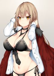 Rule 34 | 1girl, arms up, between breasts, bikini, black bikini, black neckwear, blush, body writing, breasts, brown eyes, brown hair, character name, chixiao, cloak, collarbone, dress shirt, fur trim, girls&#039; frontline, grey background, hair ornament, hairclip, hands in hair, highres, large breasts, long hair, long sleeves, looking at viewer, m37 (girls&#039; frontline), navel, open clothes, open shirt, parted lips, shirt, side-tie bikini bottom, sidelocks, simple background, smile, solo, swimsuit, tsurime, upper body
