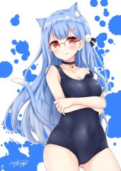Rule 34 | 1girl, animal ear fluff, animal ears, blue hair, blue one-piece swimsuit, blush, cat ears, cat tail, closed mouth, collarbone, covered navel, cowboy shot, crossed arms, glasses, gluteal fold, hair ornament, highres, long hair, looking at viewer, one-piece swimsuit, over-rim eyewear, paint splatter, plivyou, red-framed eyewear, red eyes, school swimsuit, semi-rimless eyewear, shikai yue, signature, simple background, smile, solo, swimsuit, tail, thighs, tongue, tongue out, very long hair, virtual youtuber, yasaka (astray l)