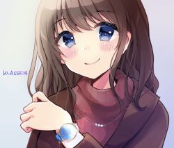 Rule 34 | 1girl, bad id, bad pixiv id, blue background, blue eyes, blush, brown hair, brown jacket, closed mouth, commentary request, gradient background, grey background, hair between eyes, hand up, jacket, klasse14, long hair, long sleeves, looking at viewer, minami saki, original, red sweater, ribbed sweater, smile, solo, sweater, upper body, watch, wristwatch