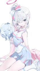 Rule 34 | 1girl, absurdres, arm behind back, bangs pinned back, bare shoulders, blue archive, breasts, cheerleader, grey shirt, grey skirt, hair ornament, hair over one eye, hairpin, halo, highres, holding, holding pom poms, long hair, looking at viewer, meunhongcha, miniskirt, pink halo, pink pupils, plana (blue archive), pleated skirt, pom pom (cheerleading), pom poms, shirt, shoes, side ponytail, sidelocks, simple background, sitting, skirt, sleeveless, sleeveless shirt, small breasts, sneakers, socks, solo, thighs, wariza, white background, white footwear, white socks