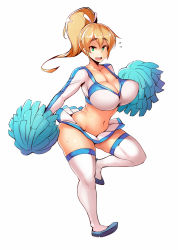 Rule 34 | 1girl, bad id, bad tumblr id, blonde hair, bouncing breasts, breasts, cheerleader, cleavage, collarbone, crop top, green eyes, hair ribbon, huge breasts, large breasts, long sleeves, looking at viewer, midriff, miniskirt, navel, one eye closed, open mouth, original, plump, pom pom (cheerleading), ponytail, ribbon, simple background, skirt, smile, solo, standing, sweat, thick thighs, thighhighs, thighs, white background, white thighhighs, wink, zako (arvinry)
