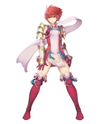 Rule 34 | 1girl, arm guards, armor, boots, breasts, dress, elbow gloves, fire emblem, fire emblem fates, fire emblem heroes, full body, garter straps, gloves, haccan, highres, hinoka (fire emblem), looking at viewer, nintendo, official art, red eyes, red footwear, red hair, scarf, short dress, short hair, shoulder armor, small breasts, smile, solo, standing, thigh boots, thighhighs, thighs, transparent background, white scarf, zettai ryouiki