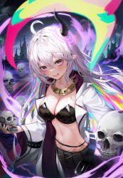 Rule 34 | 1girl, ahoge, bikini, bikini top only, black bikini, black skirt, blush, breasts, cityscape, cleavage, colored inner hair, cowboy shot, fishnet pantyhose, fishnets, grey hair, highres, holding, holding skull, horns, jacket, jewelry, large breasts, long hair, long sleeves, looking at viewer, multicolored hair, navel, necklace, night, open clothes, open jacket, open mouth, original, outdoors, pantyhose, pointy ears, purple eyes, shuvi (shuvi1125), skirt, skull, solo, stomach, strapless, strapless bikini, swimsuit, very long hair, white jacket, wide sleeves