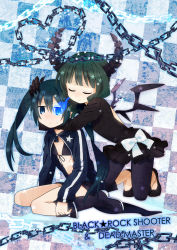 Rule 34 | 10s, 2girls, absurdres, annoyed, bad id, bad pixiv id, belt, bikini, bikini top only, black hair, black rock shooter, black rock shooter (character), blue eyes, blush, boots, chain, coat, dead master, front-tie top, glowing, glowing eyes, hand on another&#039;s head, highres, horns, hug, hug from behind, long hair, multiple girls, sakuro, smile, star (symbol), sweatdrop, swimsuit, twintails, yuri