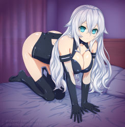 Rule 34 | 1girl, absurdres, all fours, aqua eyes, ass, bare shoulders, bed, black heart (neptunia), blush, breasts, cleavage, elbow gloves, feet, gloves, highres, jyu ichi, large breasts, long hair, looking at viewer, neptune (series), noire (neptunia), shiny clothes, shiny skin, smile, solo, thighhighs
