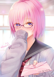 Rule 34 | 1girl, alternate costume, artist name, bad id, bad pixiv id, black sailor collar, blush, cardigan, commentary request, covering face, embarrassed, eyes visible through hair, fate/grand order, fate (series), fingernails, glasses, grey cardigan, hair between eyes, hand up, haneru, heart, heart in eye, holding, holding letter, indoors, letter, love letter, mash kyrielight, neckerchief, open cardigan, open clothes, pink hair, purple-framed eyewear, purple eyes, red neckerchief, sailor collar, school uniform, serafuku, short hair, sleeves past wrists, solo, symbol in eye, window