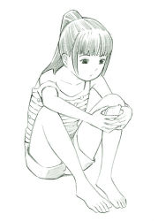 Rule 34 | 1girl, barefoot, monochrome, original, ponytail, sketch, solo, yoshitomi akihito