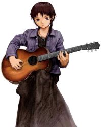 Rule 34 | 1990s (style), 1girl, abe yoshitoshi, acoustic guitar, brown eyes, brown hair, cowboy shot, female focus, guitar, hair ornament, hairclip, instrument, iwakura lain, jewelry, necklace, official art, retro artstyle, serial experiments lain, short hair, simple background, solo, standing, white background