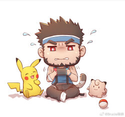 Rule 34 | 1boy, = =, arm tattoo, artist request, bara, bare arms, beard, black hair, blue headband, blue shirt, brucie (infighter821), check artist, chibi, clefairy, creatures (company), cross, cross necklace, dungeon and fighter, facial hair, frown, frustrated, full beard, full body, game freak, gen 1 pokemon, handheld game console, happy, headband, holding, holding handheld game console, jewelry, kulolin, laughing, male focus, male priest (dungeon and fighter), muscular, muscular male, necklace, nintendo, nintendo switch, pikachu, pokemon, second-party source, shirt, sleeveless, sleeveless shirt, tail, tattoo, thick eyebrows, tiger tail
