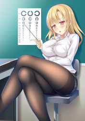 Rule 34 | 1girl, black pantyhose, blonde hair, blush, breasts, chair, chalkboard, chestnut mouth, collared shirt, crossed legs, desk, dress shirt, eye chart, eyelashes, fingernails, holding, indoors, landolt c, large breasts, long hair, long sleeves, looking at viewer, miniskirt, muo0409, nail polish, office chair, original, pantyhose, pencil skirt, pink nails, pointer, riding crop, shirt, sitting, skirt, solo, striped clothes, striped skirt, swivel chair, thighband pantyhose, vertical-striped clothes, vertical-striped skirt, vision test, white shirt
