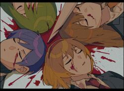 Rule 34 | 2boys, 2girls, black jacket, blood, blood on face, brown hair, closed mouth, collared shirt, green hair, hairband, highres, hod (project moon), jacket, lobotomy corporation, long hair, malkuth (project moon), medium hair, mu46016419, multiple boys, multiple girls, necktie, netzach (project moon), orange necktie, parted lips, project moon, purple hair, red hairband, red necktie, shirt, smile, very long hair, white shirt, yesod (project moon)