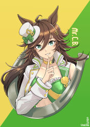 Rule 34 | 1girl, ahoge, animal ears, breasts, brown hair, character name, choker, collarbone, cropped torso, green eyes, hair between eyes, hair ornament, hairclip, hand up, hat, hi (ibisf5umauma), highres, horse ears, horseshoe, index finger raised, jacket, long hair, looking at viewer, mini hat, mini top hat, mr. c.b. (umamusume), open clothes, open jacket, open mouth, shirt, simple background, single sleeve, small breasts, smile, solo, strapless, strapless shirt, top hat, twitter username, two-tone background, umamusume, upper body, white jacket