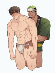 Rule 34 | 2boys, abs, averting eyes, bara, bare legs, black hair, blush, brown hair, clenched hands, couple, cropped legs, dark-skinned male, dark skin, embarrassed, facial hair, fundoshi, goatee stubble, green eyes, green hair, green happi, hand in underwear, headband, highres, ikusaba daisuke, japanese clothes, looking at another, male focus, multiple boys, muscular, muscular male, navel, nipples, pectorals, protagonist 4 (housamo), short hair, simple background, stubble, sweat, tokyo houkago summoners, topless male, undercut, veins, veiny arms, veiny crotch, wanijima, white background, white headband, yaoi