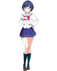 Rule 34 | 1girl, black socks, blue eyes, blue hair, blue skirt, brown footwear, full body, hair ornament, hairclip, hand on own hip, loafers, long sleeves, looking at viewer, magicami, miniskirt, non-web source, official art, photoshop (medium), pleated skirt, school uniform, shoes, short hair, simple background, skirt, smile, socks, solo, standing, tomonaga kaori, white background