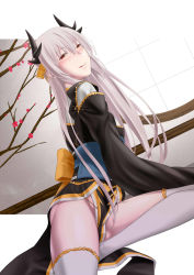 Rule 34 | 1girl, black kimono, cherry blossoms, commentary request, cosplay, dragon horns, dutch angle, fate/grand order, fate (series), feet out of frame, from side, gold trim, hair between eyes, highleg, highres, horns, indoors, japanese clothes, kimono, kiyohime (fate), kiyohime (third ascension) (fate), licking lips, long hair, long sleeves, looking at viewer, multiple horns, naughty face, obi, original, red eyes, sash, sidelocks, silver hair, sitting, smile, solo, thighhighs, thighs, tongue, tongue out, white thighhighs, zaregoto tsukai no deshi